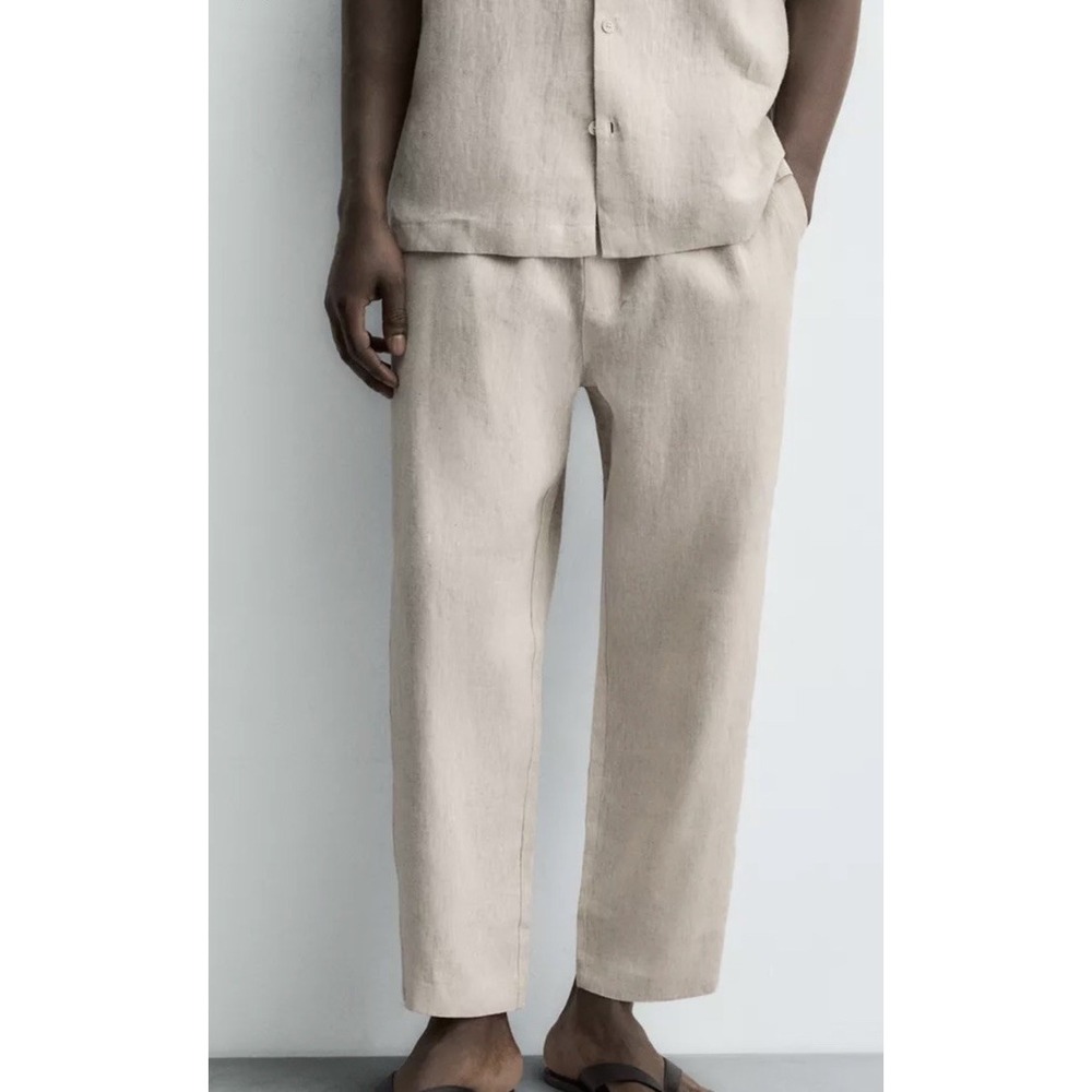 Zara Mens Relax Fit 100% Linen Drawstring Trousers Pants Large